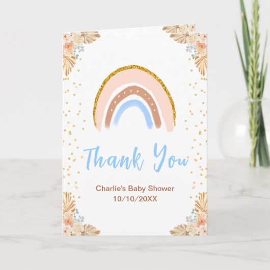 Boho Rainbow Blue Baby Shower Thank You サンキューカード (正面)