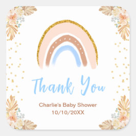 Boho Rainbow Blue Baby Shower Thank You スクエアシール