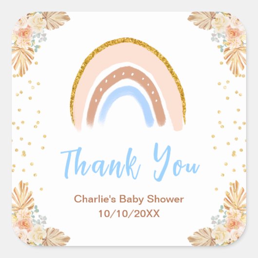 Boho Rainbow Blue Baby Shower Thank You スクエアシール (正面)