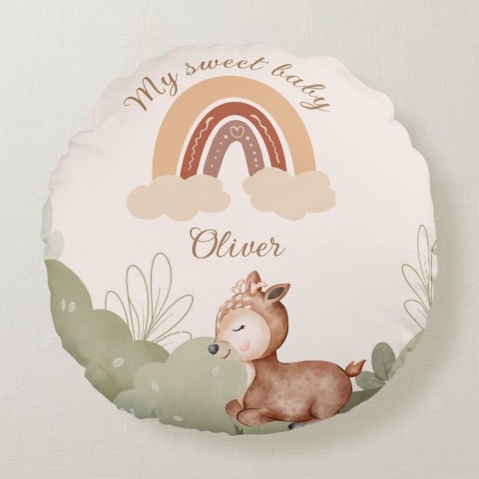Boho Rainbow Deer Personalized Round Pillow ラウンドクッション (正面)