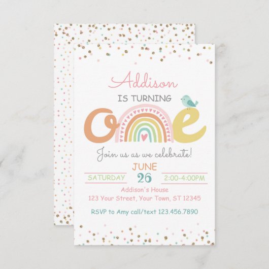Boho Rainbow First Birthday Party Invitation ONE 招待状 (正面/裏面)