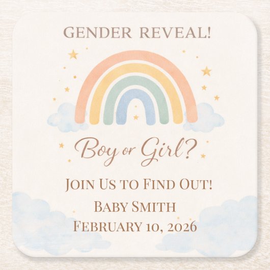 Boho Rainbow Gender Reveal Neutral  スクエアペーパーコースター (正面)