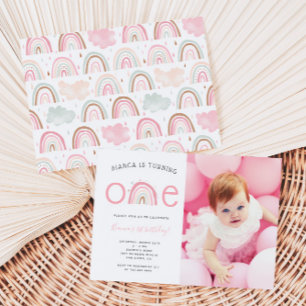 Boho Rainbow Girl's 1st Birthdayパーティー写真Invite 招待状