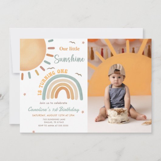 Boho Rainbow Little Sunshine 1st Birthday写真 招待状 (正面)