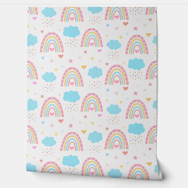 Boho rainbow pattern with clouds pastel Nursery  壁紙 (ほどく)