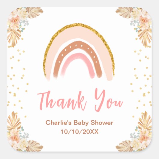 Boho Rainbow Pink Baby Showerありがとう スクエアシール (正面)