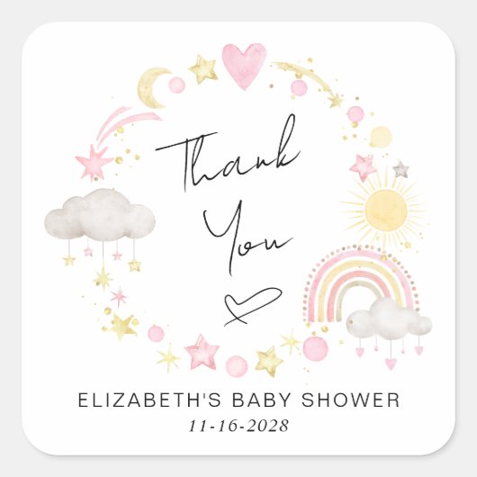 Boho Rainbow Sun Baby Girl Shower Thank You スクエアシール (正面)
