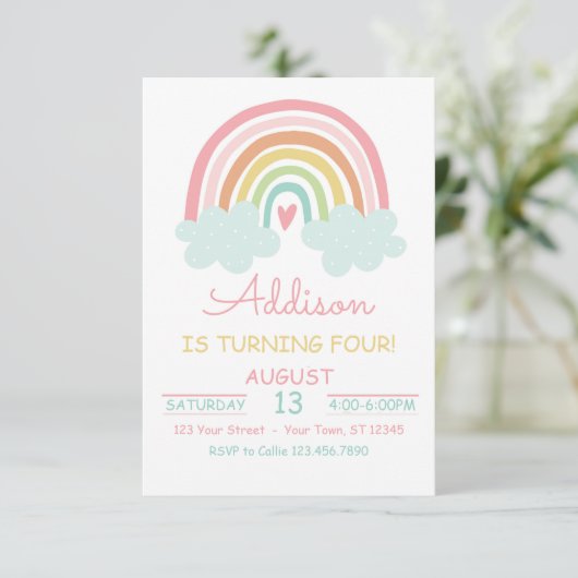 Boho Rainbow With Clouds Birthday Party招待 招待状 (スタンド正面)
