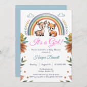 Boho Rainbow Woodland Animals Girl Baby Shower 招待状 (正面/裏面)