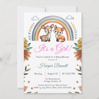 Boho Rainbow Woodland Animals Girl Baby Shower 招待状