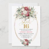 Boho Red Burgundy Gold Roses Sweet Sixteen Invite 招待状 (正面)