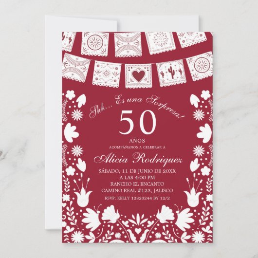 Boho Red Maroon Talavera Mexican Surprise Birthday 招待状 (正面)