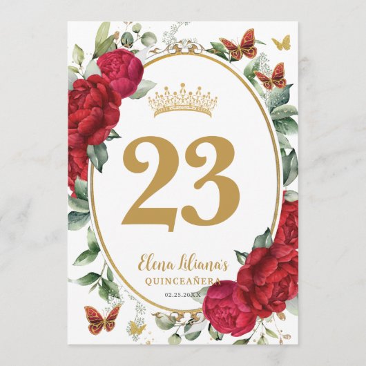 Boho Red Peonies Floral Quinceanera Table Number 招待状 (正面)