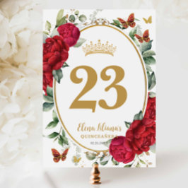 Boho Red Peonies Floral Quinceanera Table Number 招待状