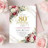 Boho Red White Greenery 80th Birthday Invite 招待状