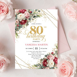 Boho Red White Greenery 80th Birthday Invite 招待状