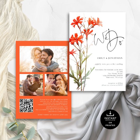 Boho Red Wildflowers We do 3 photo QR 結婚's 招待状