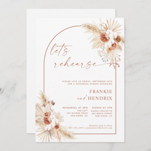 Boho Rehearsal Dinner Invitation Pampas Grass 招待状 (正面/裏面)