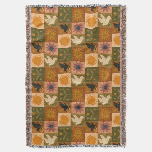 Boho Retro Celestial Sun Moon スローブランケット (正面縦)