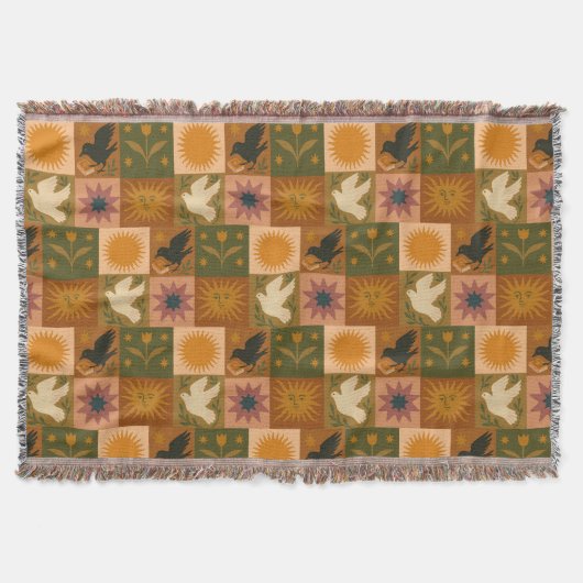 Boho Retro Celestial Sun Moon  スローブランケット (正面)