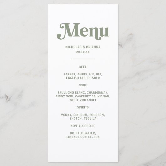 Boho Retro Sage Green Wedding Drinks Menu メニュー (正面)