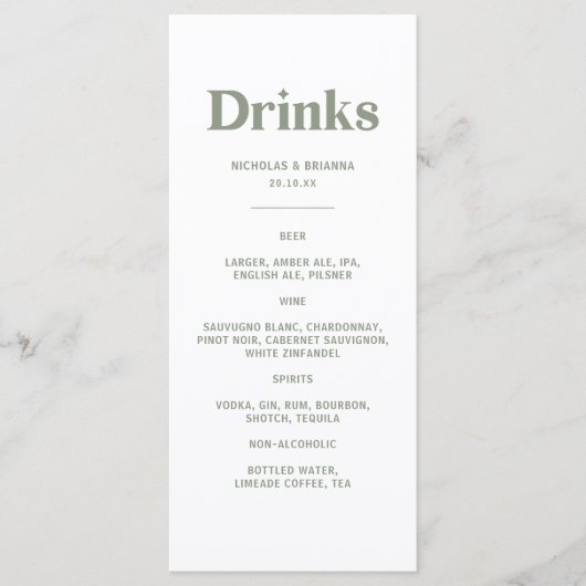 Boho Retro Sage Green Wedding Drinks Menu メニュー (正面)