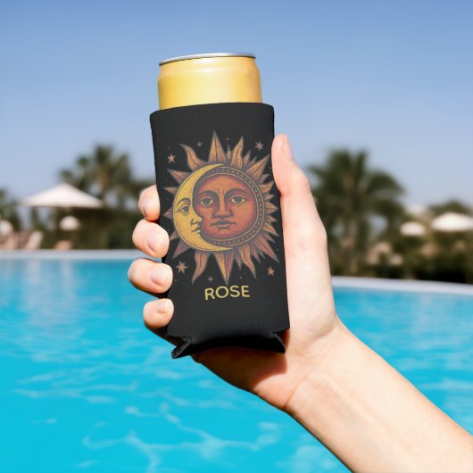 Boho Retro Sun and Moon Custom Name スリム缶クーラー (インサイチュ プール)