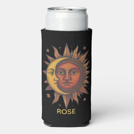 Boho Retro Sun and Moon Custom Name スリム缶クーラー (Seltzer裏面)