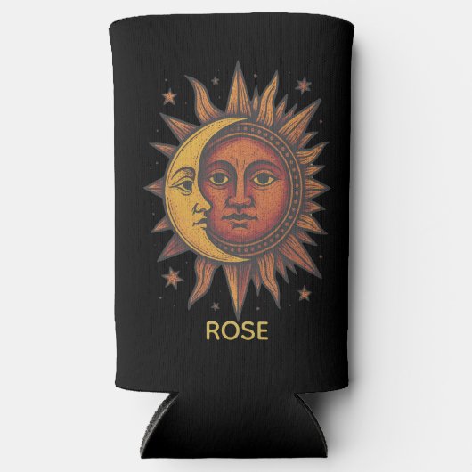 Boho Retro Sun and Moon Custom Name スリム缶クーラー (正面)