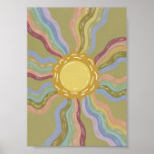 Boho Retro Sun & Muted Rainbow Rays Minimalist Art ポスター (正面)