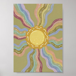 Boho Retro Sun & Muted Rainbow Rays Minimalist Art ポスター