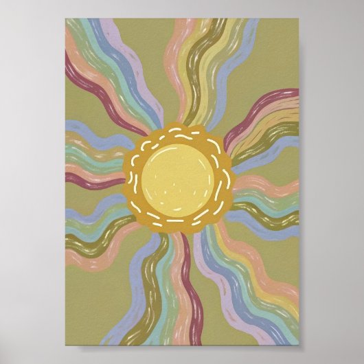 Boho Retro Sun & Muted Rainbow Rays Minimalist Art ポスター (正面)