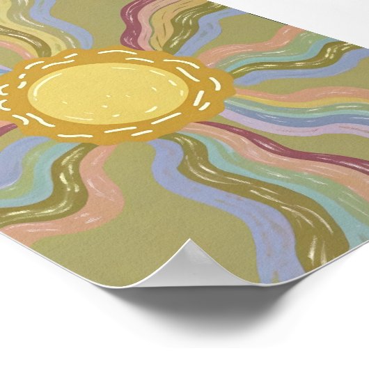 Boho Retro Sun & Muted Rainbow Rays Minimalist Art ポスター (角)