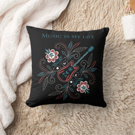 Boho Rock and roll guitar with flowers クッション (ブランケット)
