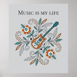 Boho Rock and roll guitar with flowers ポスター