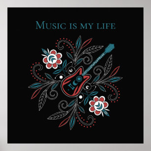 Boho Rock and roll guitar with flowers ポスター