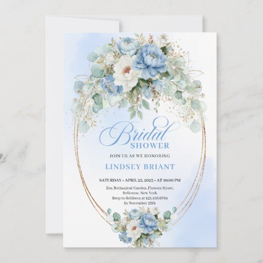 Boho Romantic Pastel Blue Peony Gold Bridal Shower 招待状 (正面)
