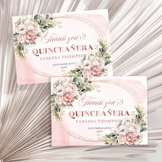 Boho Rose Gold Blush Floral Greenery Mis Quince  サンキューカード