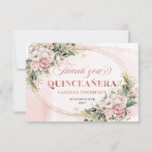 Boho Rose Gold Blush Floral Greenery Mis Quince  サンキューカード (正面)