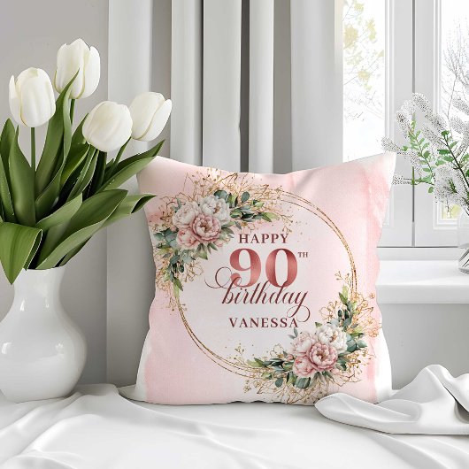 Boho Rose Gold Eucalyptus 90th Birthday Pillow クッション