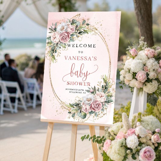 Boho Rose Gold Floral Baby Shower Welcome Sign ポスター