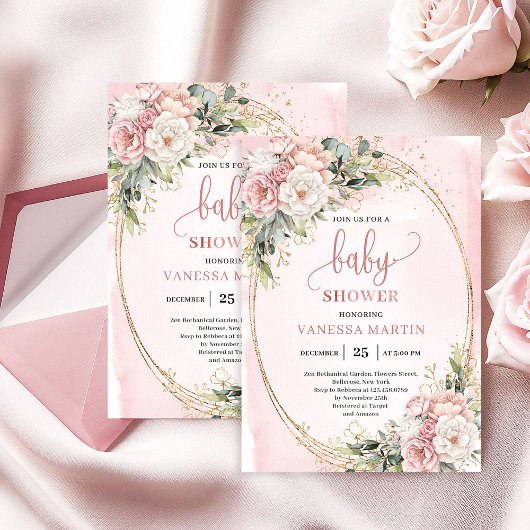 Boho Rose Gold Floral Eucalyptus Girl Baby Shower 招待状