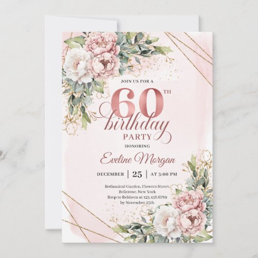 Boho Rose Gold Shimmering Blush Pink 60th Birthday 招待状 (正面)