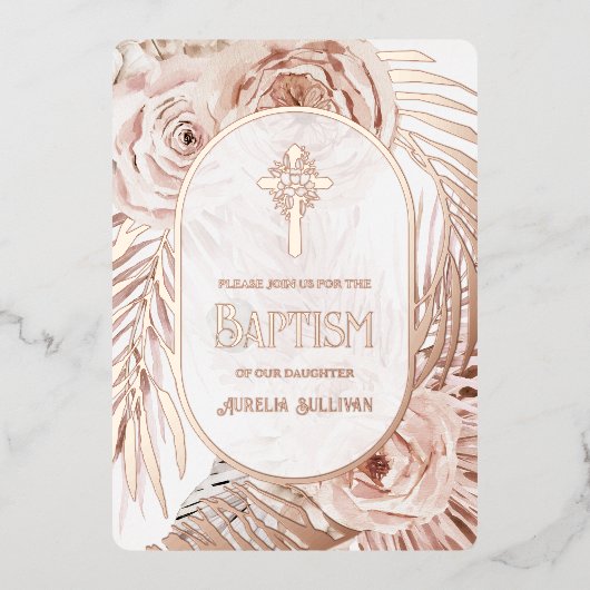 Boho Roses Floral Cross Baptism Foil Invitation 箔招待状 (正面)