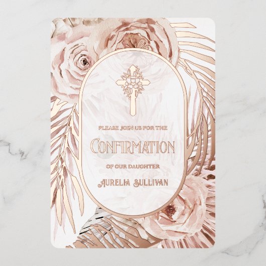 Boho Roses Floral Cross Confirmation 箔招待状 (正面)