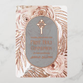 Boho Roses Floral Cross First Holy Communion 箔招待状 (正面)