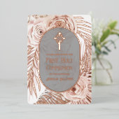 Boho Roses Floral Cross First Holy Communion 箔招待状 (立ち正面)