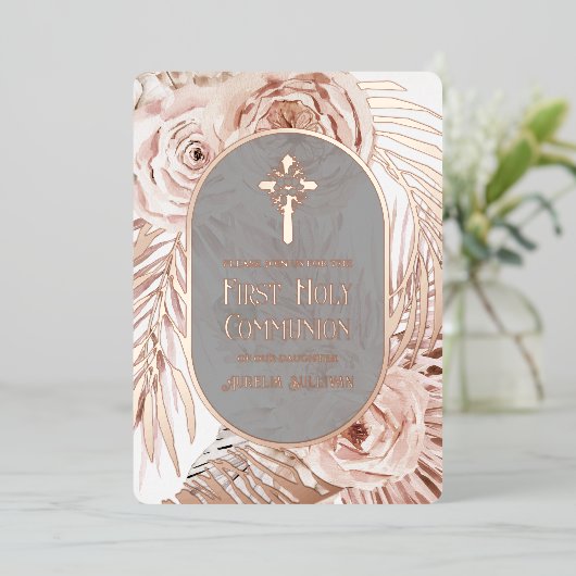 Boho Roses Floral Cross First Holy Communion 箔招待状 (立ち正面)