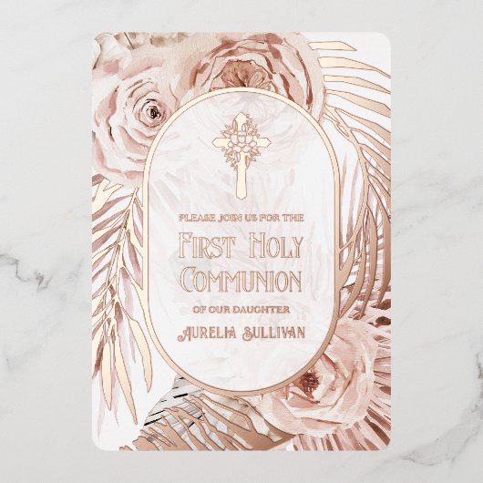 Boho Roses Floral Cross First Holy Communion Foil 箔招待状 (正面)