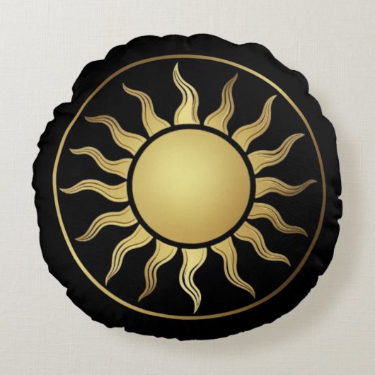 Boho Round Pillow: Luxury Gold Sun & Moon Decor ラウンドクッション (正面)